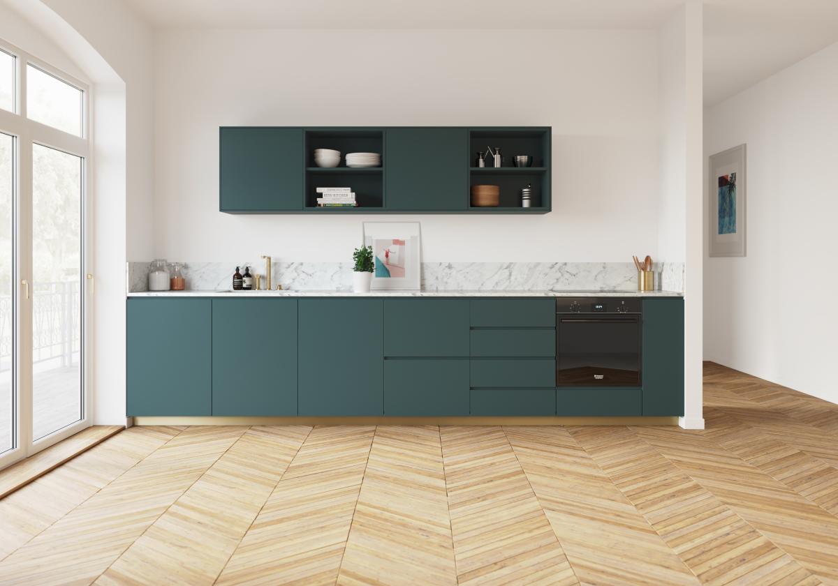 Cuisine u-shape bleu paon plinthe laiton